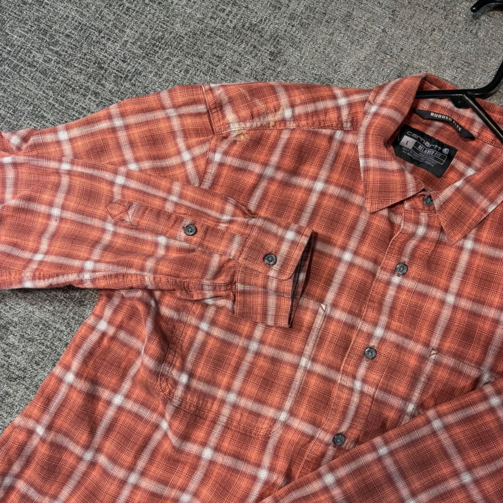 Carhartt Rugged Flex Plaid Button Down Shirt Large Relaxed Fit Burnt Orange